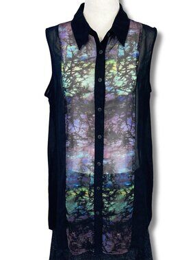 FYLO Sheer black sleeveless crystal-like pattern high-low hem shirt MEDIUM LARGE